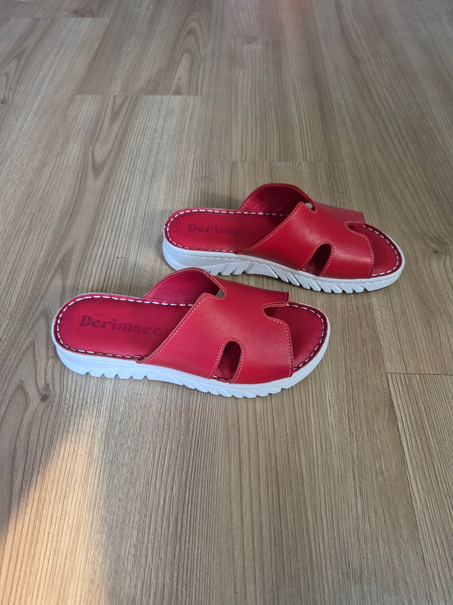 Kırmızı (Hermes model) deri kadın ortopedik tabanlı terlik