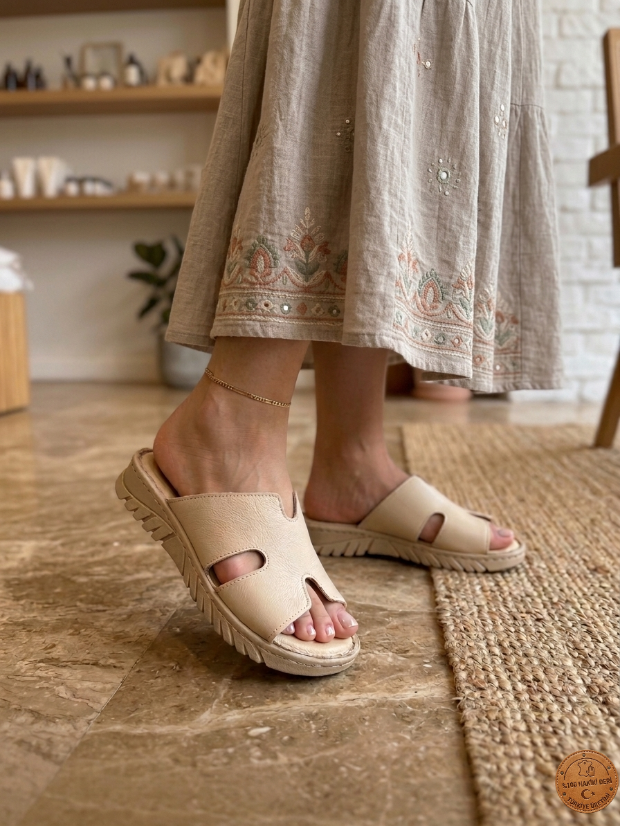 Krem ortopedik taban (hermes model) kadın terlik